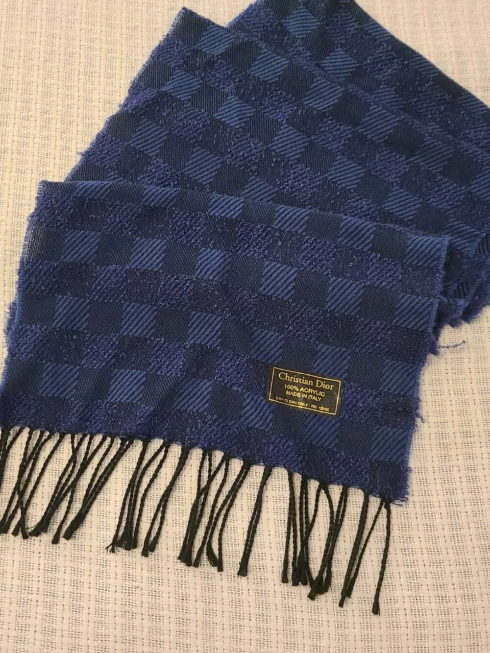 Vtg Dior Acrylic Blue Checkered Scarf Multitextured Italy
